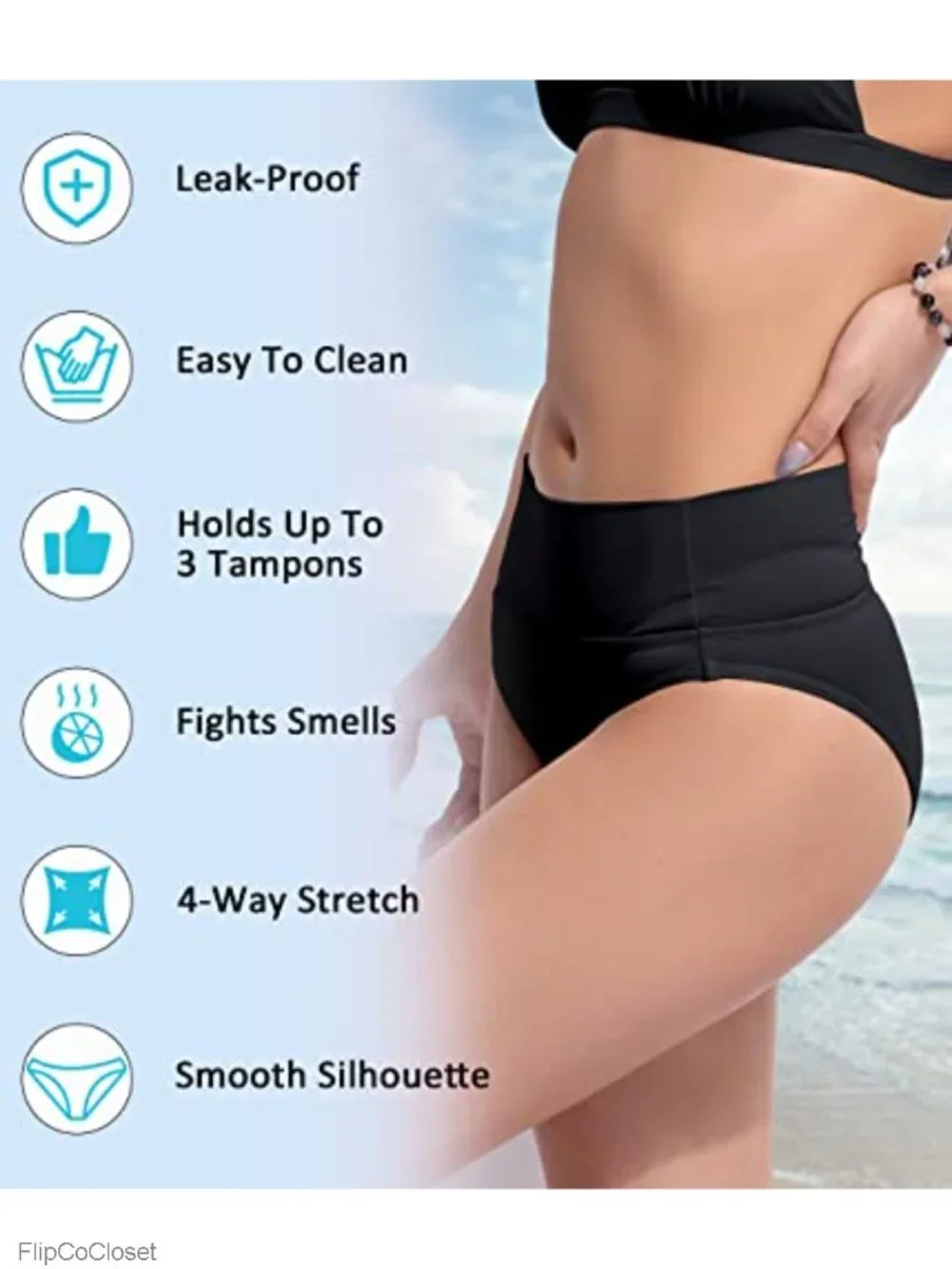 Period Swimwear Mid Waist Bikini Bottoms Full Coverage Menstrual Swimsuit UPF 50